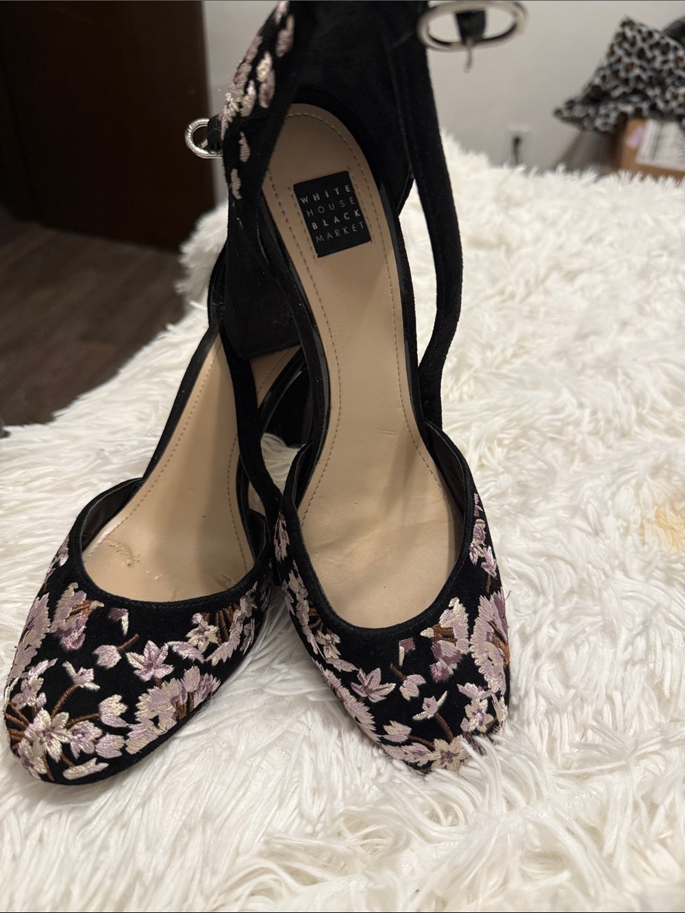 White House Black Market Black Floral Embroidered Ankle-Strap Heels